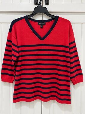 Talbots Petites Large Red Navy Striped V-Neck 3/4 Sleeve Sweater Top
